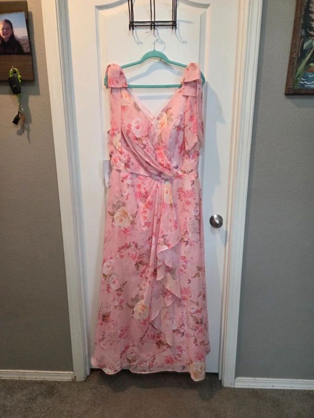 Floral Maxi Formal Wedding Guest Dress Tie Shoulder Pink Ruffle with Shawl L/XL
